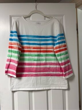 Talbots White Striped Boatneck Top with Blue, Orange, Green, Pink